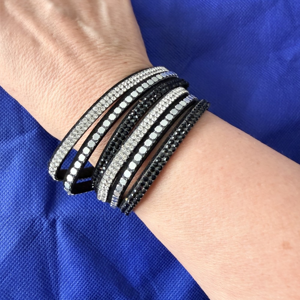 Black Faux Leather Crystal Rhinestone Wrap Bracelet Womens Adjustable Snap Boho